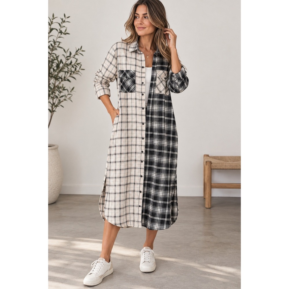 Steve Madden Plaid Colorblock Shirt Dress Women's Medium Black White Fall